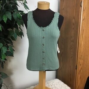 So green XL button front tank top with ruffle trim on neckline and arms